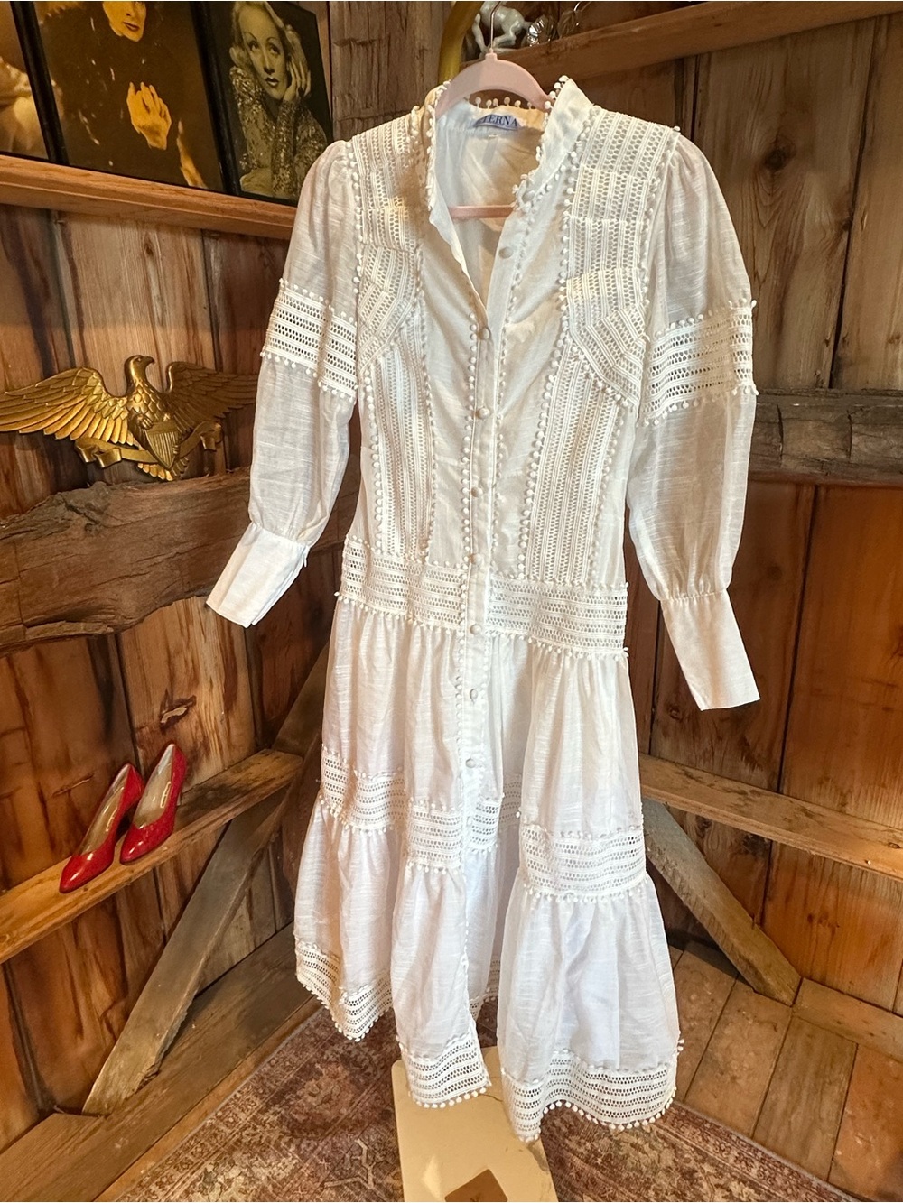 Eterna White Cotton Eyelet Tiered Midi Dress